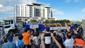 イオンモール沖縄ライカムに到着した御材木